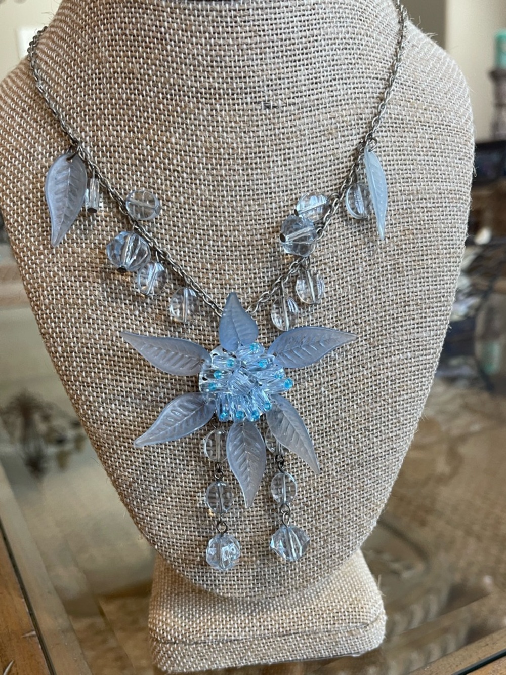 Iridescent Flower Pendant Necklace in Light Blue